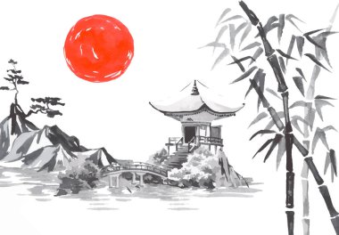 Geleneksel Japon sumi tablosu. Fuji dağı, sakura, gün batımı. Japon güneşi. Hint mürekkep vektör çizimi. Japonca resim.