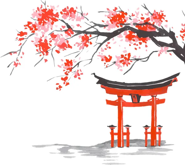 Japan traditional sumi-e painting. Fuji mountain, sakura, sunset. Japan sun. Indian ink vector illustration. Japanese picture. — Stock Vector