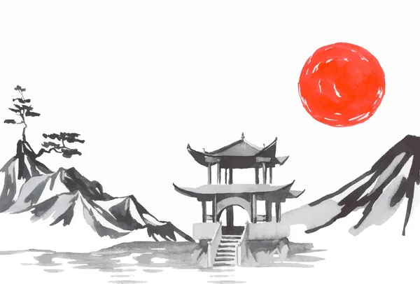 Японская традиционная суми-э живопись. Фудзи гора, сакура, закат. Солнце Японии. Индийская чернильная векторная иллюстрация. Фотография Японии. — стоковый вектор