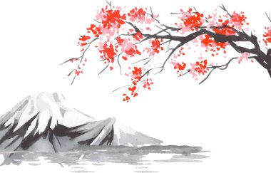 Geleneksel Japon sumi tablosu. Fuji dağı, sakura, gün batımı. Japon güneşi. Hint mürekkep vektör çizimi. Japonca resim.