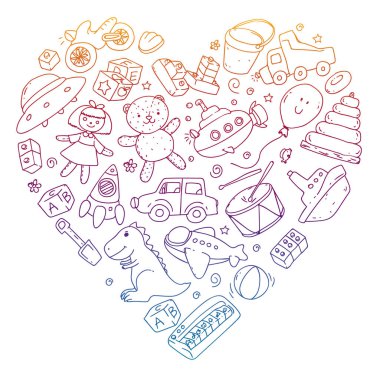 Anaokulunda vektör deseni, oyuncak çocuklar. Mutlu çocuk çizimleri. Bir Kare Defterde Not Defterine Gradyan çizimi.