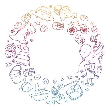 Anaokulunda vektör deseni, oyuncak çocuklar. Mutlu çocuk çizimleri. Bir Kare Defterde Not Defterine Gradyan çizimi.