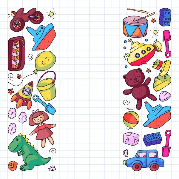 Modello vettoriale con asilo nido, bambini giocattolo. Illustrazione bambini felici. Disegno su quaderno quadrato. — Vettoriale Stock