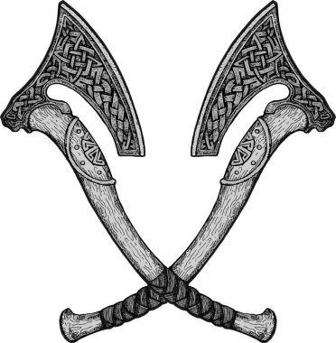 Vikinglerin savaşan iki baltalarının vektör görüntüsü. Triskele. İskandinav efsanelerinin tasviri. Odin işareti. Rünler: Zafer, savaş, güç. Kelt sakal sembolü. Vektör illüstrasyonu.
