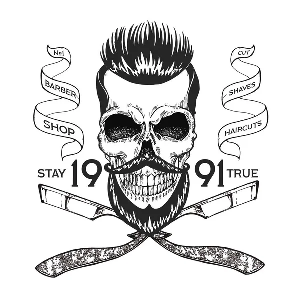 Vintage, Hipster Totenkopf Barbershop Logo im alten Stil, Vektor. — Stockvektor