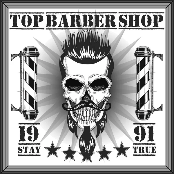 Vintage, logotipo da barbearia crânio hipster em estilo antigo, vetor. —  Vetores de Stock