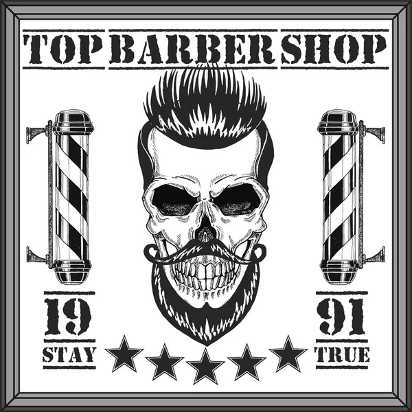 Vintage, logotipo da barbearia crânio hipster em estilo antigo, vetor. — Vetor de Stock