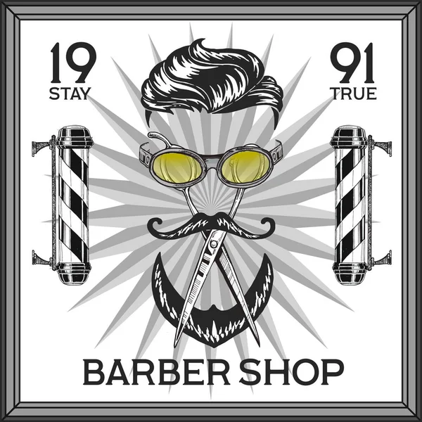 Vintage, logotipo da barbearia crânio hipster em estilo antigo, vetor. —  Vetores de Stock