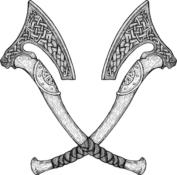 バイキングの2つの戦闘軸のベクトル画像。トリスケレだ。北欧神話のイラスト。オーディンサインだ。ルーン:勝利、戦い、力。ケルトの神聖なシンボル。ベクターイラスト. — ストックベクタ