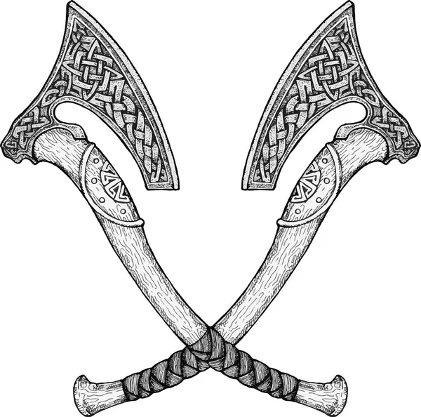 Image vectorielle de deux axes de combat des Vikings. Triskele. Illustration des mythes scandinaves. Signe d'Odin. Runes : victoire, combat, pouvoir. Symbole sacré celtique. Illustration vectorielle. — Image vectorielle