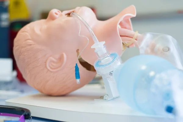 A medical training manikin on a table for medical students, anaesthetists and anaesthesiologists to practice endotracheal intubation.