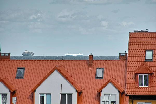 Sabah Görüşürüz Taşıyıcı Baltık Denizi Gdansk Körfezi Skeleye Gemi Girişi — Stok fotoğraf