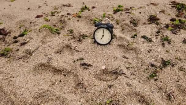 Yaz zamanı konsepti. Sahildeki deniz gündoğumu arka planında çalar saat — Stok video