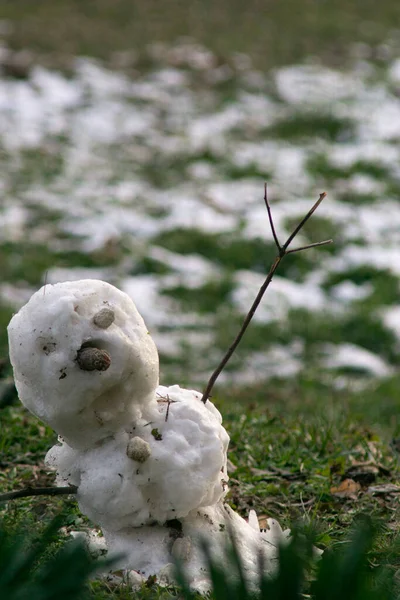 雪男は緑の草で溶けている。コンセプト：春 — ストック写真