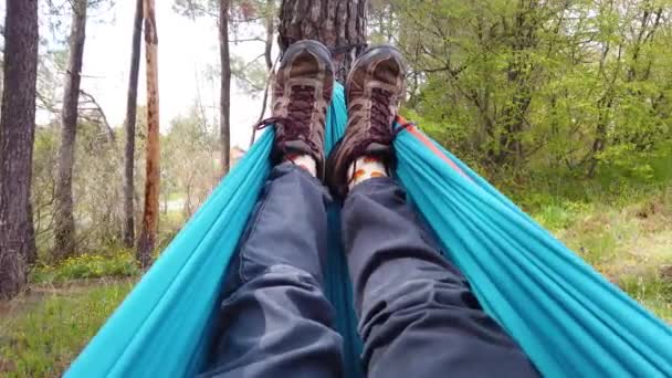 Pov of man lying in hammock in forest — Stock Video