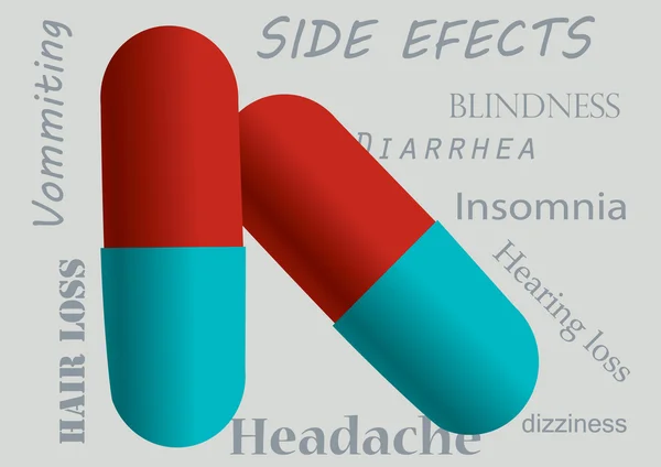 Κόκκινο και μπλε χάπια με ανεπιθύμητες ενέργειες ως φόντο — Διανυσματικό Αρχείο