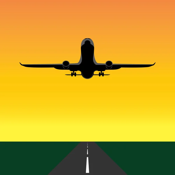 Frente a un avión, despegando al atardecer — Vector de stock