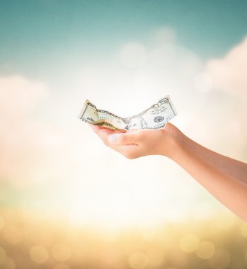 Bize dolar Not doğal arka plan ile holding eller