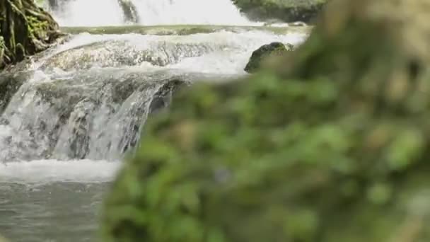 Paralaje Agua Dulce Rápida Fluye Cascada Sobre Las Rocas Través — Vídeos de Stock