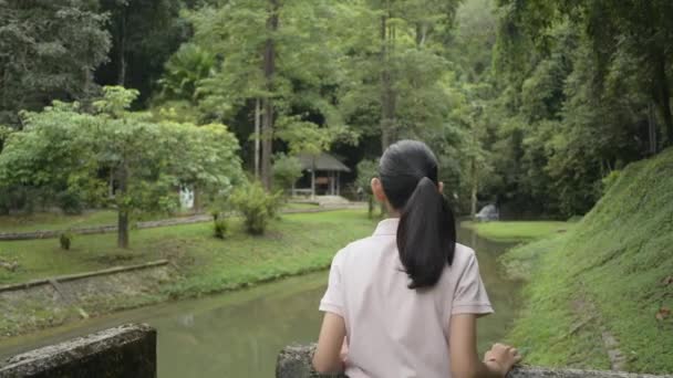 Χαριτωμένο Κορίτσι Της Ασίας Απολαμβάνουν Βλέποντας Όμορφο Τοπίο Στο Πάρκο — Αρχείο Βίντεο