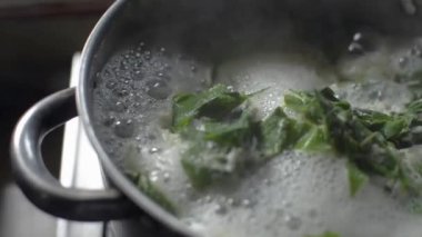 Yerel sebzeleri kaynayan bir tencerede kaynayan çorbayla kapayın ve kepçeyle karıştırın. Sağlıklı beslenme. Yemek hazırlama..