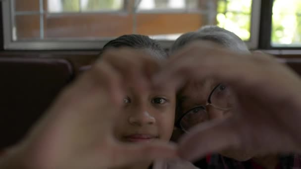 幸せな高齢者の祖父と愛らしい孫娘の愛情の瞬間は 心の形の手のジェスチャーを作ります 家族愛の概念を示すカメラボンディング笑顔を見てください — ストック動画