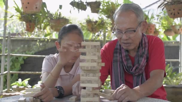 Viejo Saca Ladrillo Madera Torre Desmorona Feliz Abuelo Anciano Adorable — Vídeo de stock