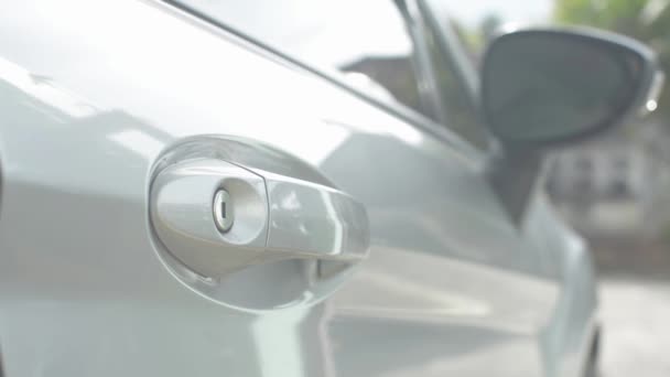 Businessman Get Car Closing Door Arrived Home Focus Car Door — Vídeo de Stock