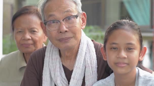 Retrato Ancianos Abuelos Jubilados Felices Con Adorable Nieta Sentados Juntos — Vídeo de stock