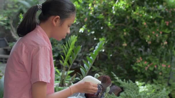 Aziatisch Mooi Tiener Meisje Genieten Van Zorg Voor Planten Drenken — Stockvideo