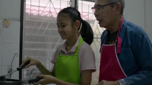 Önlüklü Mutlu Asyalı Büyükbaba Sevimli Küçük Torununa Evdeki Mutfakta Yemek — Stok video