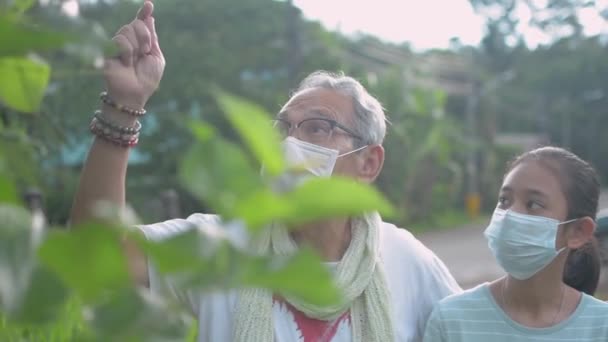 Asiático Anciano Abuelo Jubilado Con Mascarilla Consejo Encantadora Nieta Adolescente — Vídeos de Stock