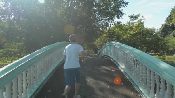Žena Sportovním Oblečení Jogging Starém Betonovém Mostě Přes Lagunu Ranním — Stock video