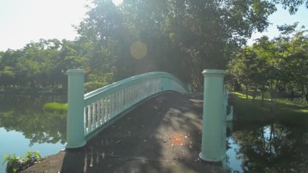 Panning Strzał Parku Kobietą Odzieży Sportowej Jogging Starym Betonowym Moście — Wideo stockowe