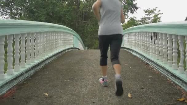 公園内の自然池に架かる古いコンクリート製の橋を渡るスポーツウェアジョギングでアジアの女性の後ろの景色を持ち上げます 健康的なライフスタイル 汚染のない環境 — ストック動画