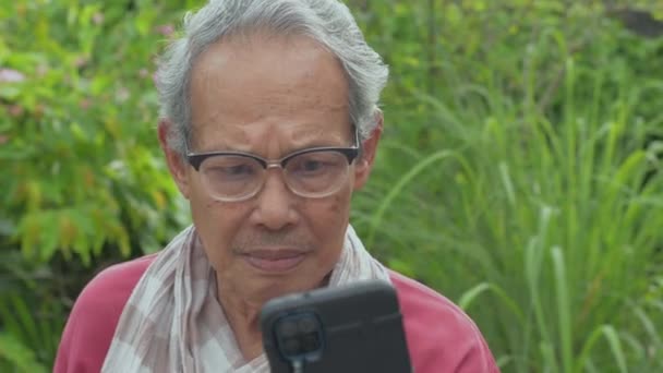 Glücklicher Älterer Großvater Mit Grauen Haaren Trägt Eine Brille Lässigem — Stockvideo