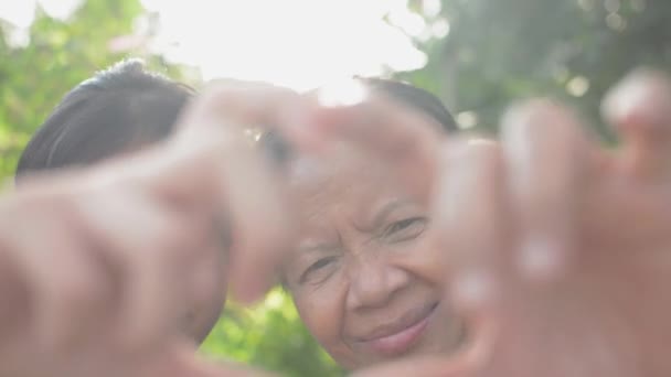 Glückliche Ältere Großmutter Und Entzückende Enkelin Machen Eine Herzförmige Handgeste — Stockvideo