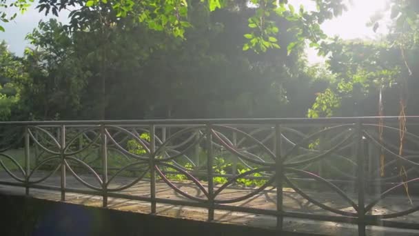 Asian Woman Sportswear Face Mask Jogging Bridge Warm Morning Sunlight — Stock Video