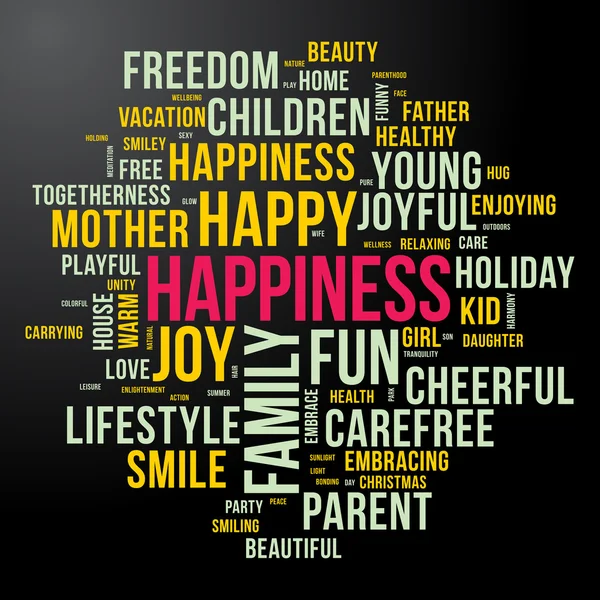 HAPPINESS word cloud. Dark and colourful tag cloud. Vector graphics illustration. — Stock Vector