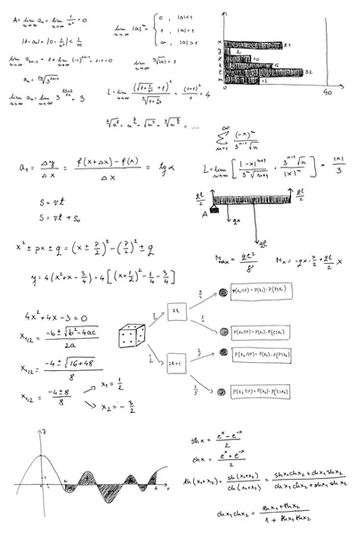 Wzory matematyczne i wykresy zarysowane - ilustracja wektorowa — Wektor stockowy
