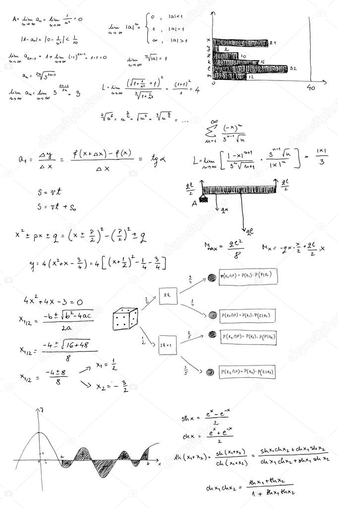 Mathematical formulas and graphs sketched - vector illustration