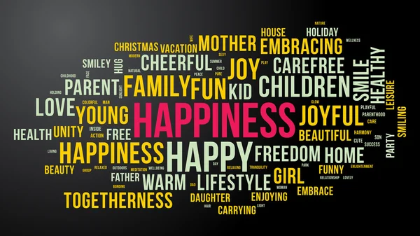 HAPPINESS word cloud. Dark and colourful tag cloud. Vector graphics illustration. — Stock Vector