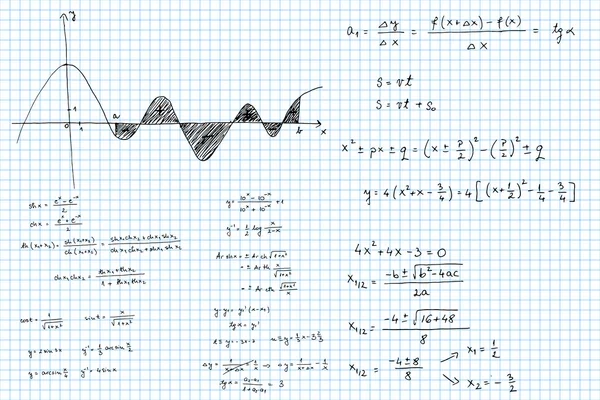 Wzory matematyczne i wykresy zarysowane - ilustracja wektorowa — Wektor stockowy