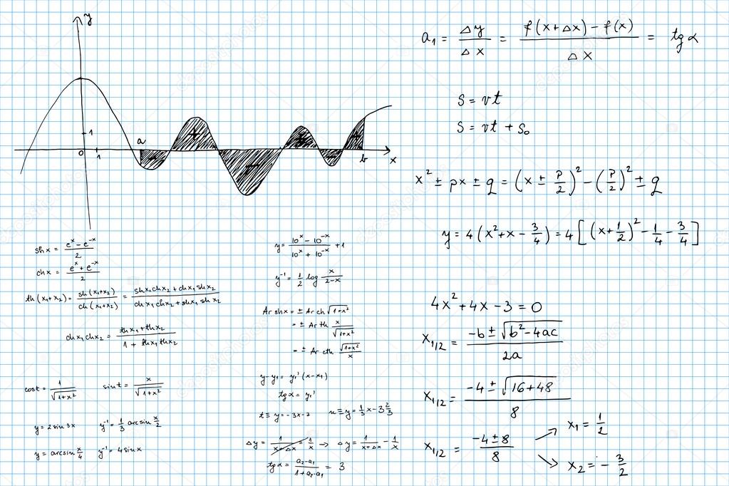 Mathematical formulas and graphs sketched - vector illustration