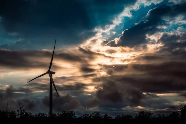 美丽多云的夏秋日落上的风力涡轮机 山地土拨鼠 绿色生态发电 风电场生态场 — 图库照片