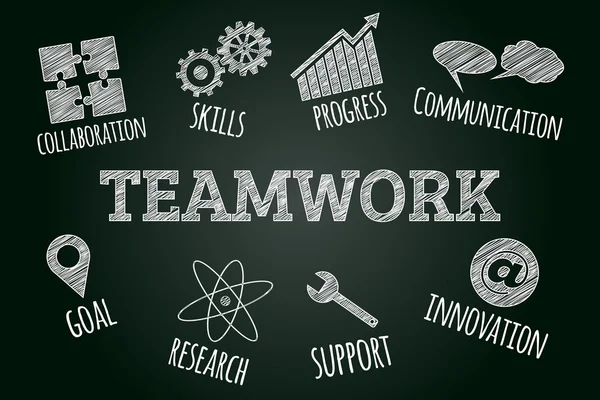 Sketched word cloud of teamwork related icons and words — Stock Vector