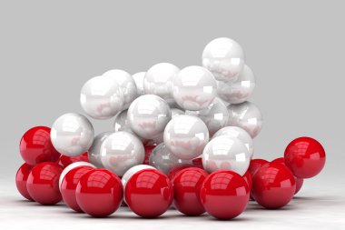 Beyaz ve kırmızı topları bir sürü etkileşim. 3D render resim.