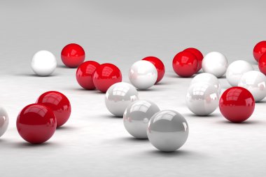 Beyaz ve kırmızı topları bir sürü etkileşim. 3D render resim.