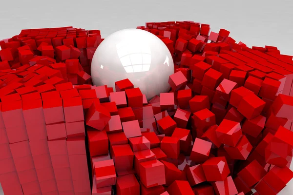 Champ de cubes rouges détruit par une grosse boule blanche. Imag de rendu 3D — Photo