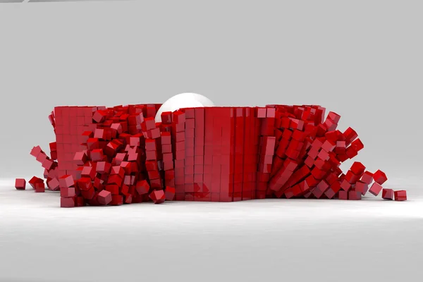Field of red cubes destroyed by large white ball. 3D render imag — Stock Photo, Image